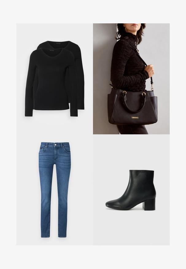 Dva crna majice dugih rukava s V-izrezom, izrađene od mekanog, rastezljivog materijala, s glatkom teksturom i prilagođenim oblikom.; Plave traperice s suženom nogavicom, pet džepova, petljama za remen i gumbom za zatvaranje. Tekstura tkanine je glatka s klasičnim pranjem.; Crne kožne čizme do članaka s uskim vrhom i debelim potplatom. Glatka tekstura s minimalnim detaljima i elegantan, prilagođen dizajn.; Crna torba s teksturiranom površinom, dvostrukim gornjim ručkama i podesivom remenom za rame. Ima zlatne metalne detalje i bočne džepove.