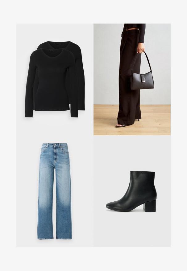 Two black long-sleeve shirts with a V-neck design, made of soft, stretchy fabric, showing smooth texture and a fitted shape.; Light blue, wide-leg jeans with a high waist. Made of denim, featuring a button closure and five pockets. Fades towards the bottom.; Black leather ankle boots with a pointed toe and a chunky heel. Smooth texture with minimal accents and a sleek, fitted design.; Black handbag with structured shape, smooth texture, and a metallic clasp. Paired with wide black pants and open-toe sandals on wooden floor.