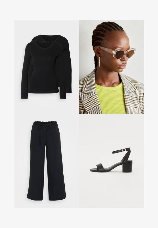 Divi melni krekli ar garām piedurknēm un V-veida kakla izgriezumu, izgatavoti no mīksta, elastīga auduma, ar gludu tekstūru un pieguļošu formas.; Melni plaša kāju bikses ar teksturētu apdari, elastīga josta ar viļņveida malām un regulējama aukla.; Melnas papēžu sērijas sandales ar gludu ādas virsmojumu, atvērtu pirkstu, platām priekšējām siksnām un regulējamu potītes siksnu ar zelta sprādzi.; Caurspīdīgas kaķacis saulesbrilles ar brūnām lenso. Modele vilkusi zaļu ribotu topu un šķērsota bleizeri. Zelta riņķa auskari.