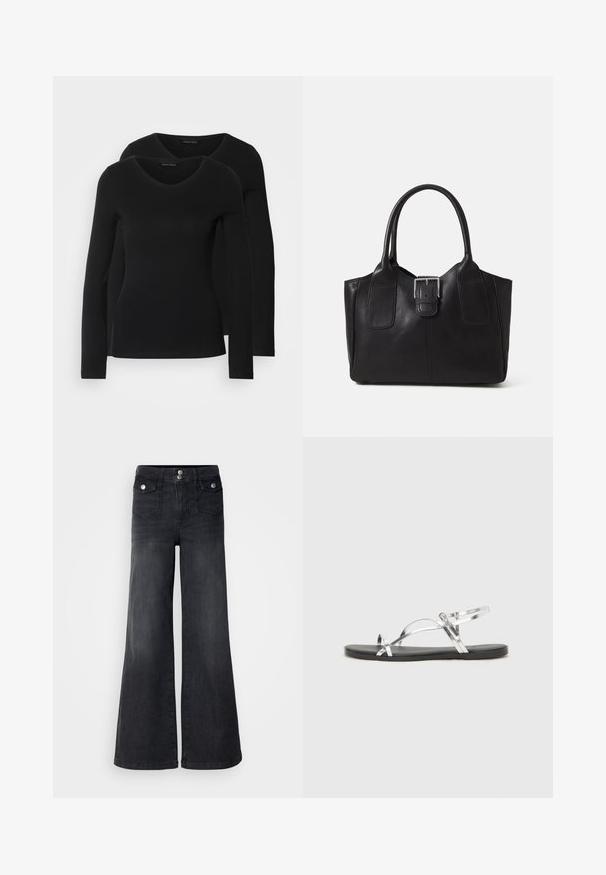 Kaks musta pika varrukaga särk, millel on V-kaelus ja mis on valmistatud pehmest ja venivast kangast, millel on sile tekstuur ja sobiv kuju.; Mustadest denimist laiad jalad teksad kõrge vöökoha, ees olevate nööpidega ja kahe ees oleva taskuga; sile tekstuur kerge kulumisega viimistlusega.; Hõbedased metallilised sandaalid minimalistliku disainiga, millel on õhukesed rihmad ja must lamellõhk. Tunnusjoonte hulka kuuluvad risti asetatud rihmad.; Mustgamma nahast kott, millel on sile tekstuur, struktureeritud kuju, kaks käepidet ja esiküljel silmapaistev hõbedane pandla detail.