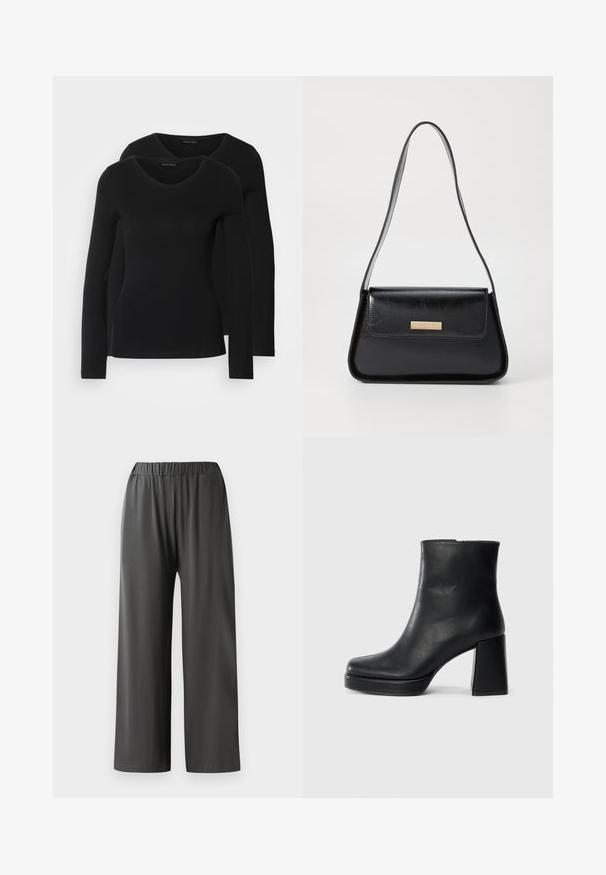 Duas camisetas pretas de manga longa com design em V, feitas de um tecido macio e elástico, apresentando uma textura suave e um formato ajustado.; Calças pretas de perna larga com um cós elástico. Feitas de um tecido leve e suave. Não apresentam bolsos visíveis nem padrões.; Bota de couro preta até ao tornozelo com salto bloco e sola com plataforma, vista de lado sobre um fundo branco liso.; Bolsa de couro preta com uma forma triangular estruturada, alça fina e metalização dourada, apresentando uma placa de logotipo no flap frontal.