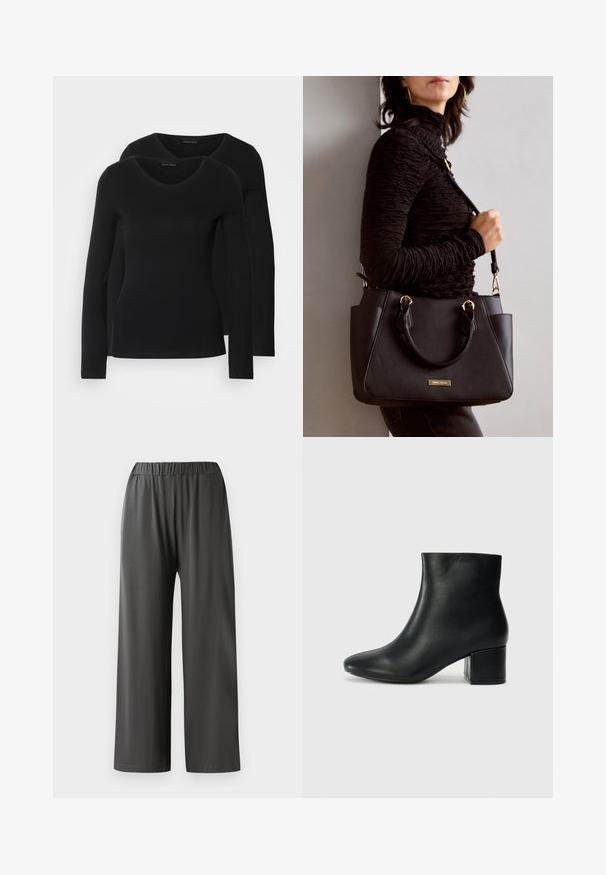Two black long-sleeve shirts with a V-neck design, made of soft, stretchy fabric, showing smooth texture and a fitted shape.; Wide-leg, black pants with an elasticated waistband. Made from a smooth, lightweight fabric. Features no visible pockets or patterns.; Black leather ankle boots with a pointed toe and a chunky heel. Smooth texture with minimal accents and a sleek, fitted design.; Black handbag with textured surface, dual top handles, and adjustable shoulder strap. Features gold-tone hardware and side pockets.