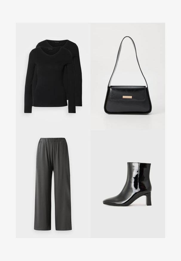 Duas camisetas pretas de manga longa com design em V, feitas de um tecido macio e elástico, apresentando uma textura suave e um formato ajustado.; Calças pretas de perna larga com um cós elástico. Feitas de um tecido leve e suave. Não apresentam bolsos visíveis nem padrões.; Botim de tornozelo em pele sintética preta com bico apontado e salto bloco de altura média. Textura suave e design minimalista.; Bolsa de couro preta com uma forma triangular estruturada, alça fina e metalização dourada, apresentando uma placa de logotipo no flap frontal.