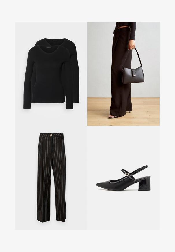 Two black long-sleeve shirts with a V-neck design, made of soft, stretchy fabric, showing smooth texture and a fitted shape.; Black high-waisted trousers with orange vertical stripes, a straight cut, and a decorative fabric-covered button at the waistband.; Black patent leather slingback heels with a pointed toe, a rounded cutout design, and a block heel. Features a gold-tone buckle accent.; Black handbag with structured shape, smooth texture, and a metallic clasp. Paired with wide black pants and open-toe sandals on wooden floor.