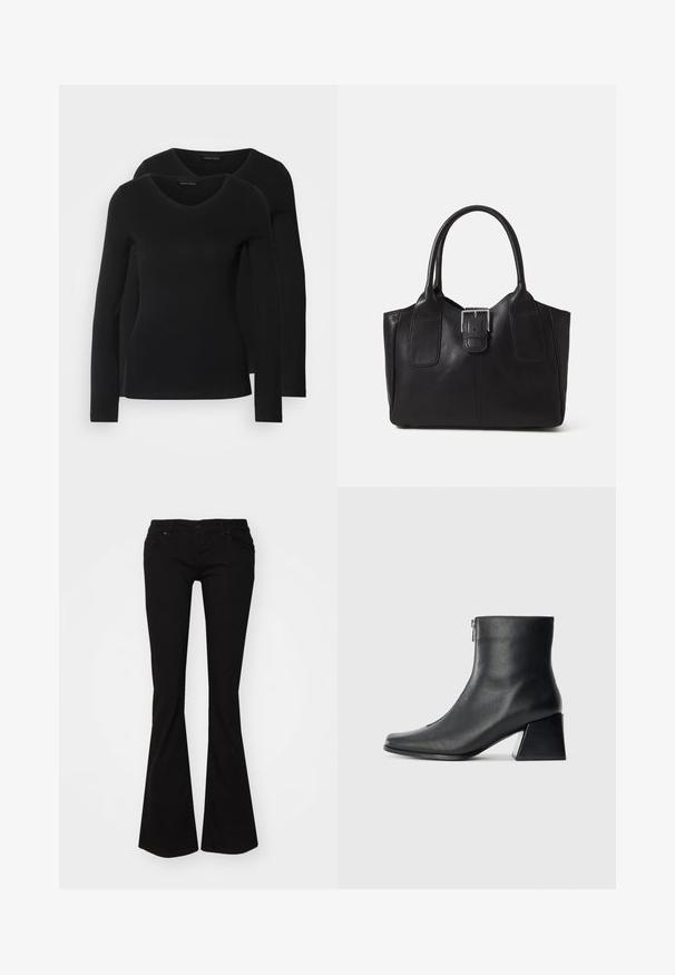 Divi melni krekli ar garām piedurknēm un V-veida kakla izgriezumu, izgatavoti no mīksta, elastīga auduma, ar gludu tekstūru un pieguļošu formas.; Melni plati džinsi no denima, ar rāvējslēdzēju, piecām kabatām un pieguļošu jostu, kas paplašinās uz apakšējiem uzmavām.; Melna ādas potītes zābaku ar kvadrātveida purngalu, sānu rāvējslēdzēju un bloku papēdi uz vienkārša gaismas fona.; Melnas ādas somiņa ar gludu tekstūru, strukturētu formu, divām rokturām un izteiktu sudraba sprādzi priekšpusē.; Sudraba divu joslu gredzens ar gludu, pulētu virsmu. Iezīmējas ar plūstošu, izliekta dizaina struktūru ar pārklājošām sekcijām modernam izskatam.