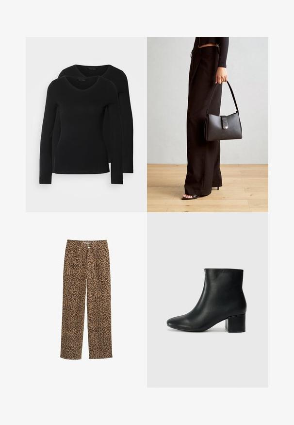Kaksi mustaa pitkähihaista paitaa V-aukkolla, valmistettu pehmeästä ja joustavasta kankaasta, joka osoittaa sileää tekstuuria ja istuvaa muotoa.; Farkkuhousut, joissa on leopardi-printti, keskikorkea vyötärö, suora lahje, ruskean ja mustan kuviointi, napin kiinnitys sekä viisi taskua.; Musta nahkasaappaat nilkkapituudella, jossa on terävä kärki ja paksu korko. Silkkinen pinta, jossa on minimaaliset yksityiskohdat ja tyylikäs, istuva muotoilu.; Musta käsilaukku, jossa on rakenteellinen muoto, sileä pinta ja metallinen solki. Yhdistetty leveisiin mustiin housuihin ja avonaiheisiin sandaaleihin puulattialla.