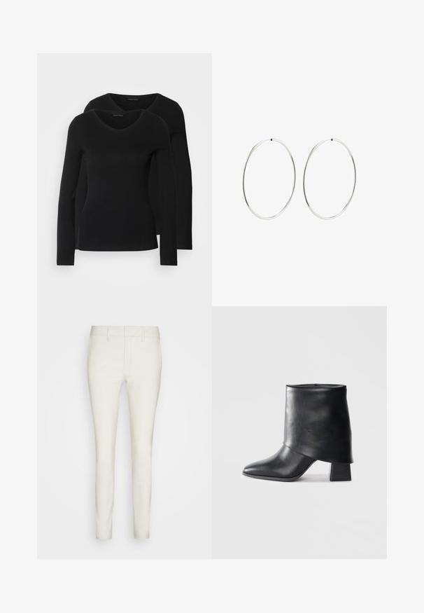 Två svarta långärmade tröjor med V-ringning, tillverkade av mjukt, stretchy tyg, som visar en slät textur och en figursydd form.; Ljust färgade, slimfit byxor i ett slätt tyg med rak front, standardfickor och bältesöglor. Overall en ren och strömlinjeformad design.; Svart läder ankelboot med spetsig tå, slät textur och en strukturerad blockklack. Har en hög, vikbar krage.; Silverfärgade hoopörhängen med en slät, rund design och en polerad yta. De är tunna och lätta, med en enkel spänne.