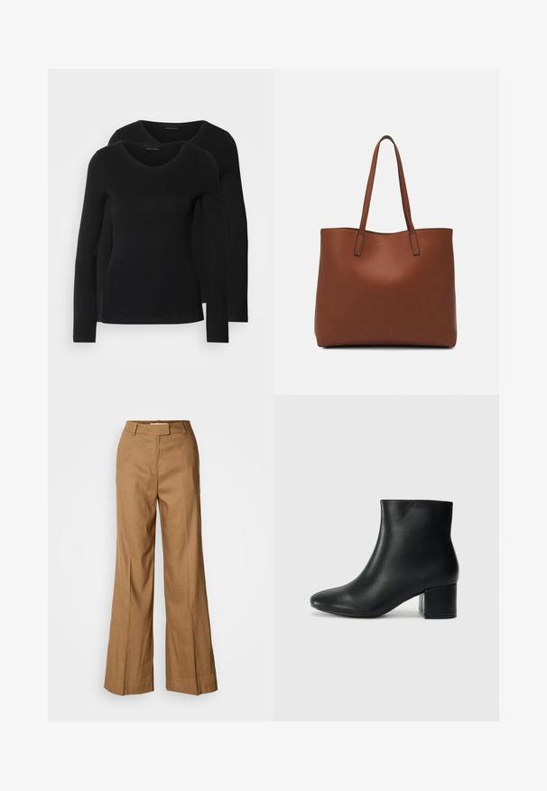 Două cămăși negre cu mâneci lungi și decolteu în V, fabricate dintr-un material moale și elastic, cu o textură netedă și o formă ajustată.; Pantaloni largi maro, realizati dintr-un material usor. Prezintă un front plat, curea pentru centură și o siluetă tailată cu o tăietură până la glezne.; Cizme negre din piele până la gleznă, cu vârf ascuțit și toc robust. Textură netedă, cu accente minime și un design elegant, ajustat.; Geantă de umăr din piele maro cu o textură netedă, design cu vârf deschis și două curele pentru umăr. Prezintă cusături minime și fără componente metalice vizibile.