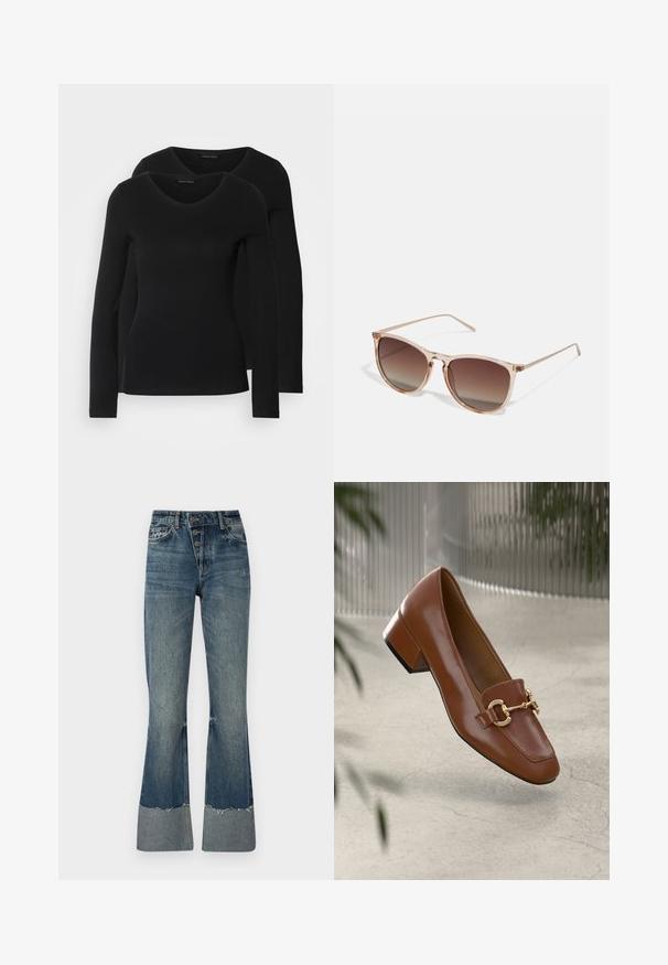 Du į juodas ilgomis rankovėmis marškiniai su V formos iškirpte, pagaminti iš minkštos, tamprios medžiagos, rodantys lygią tekstūrą ir prigludusią formą.; Tamsaus mėlynumo džinsiniai platėjančių kojų džinsai su aukštu liemeniu, penkiais mygtukais ir nusidėvėjusia apdaila. Apatinėje dalyje turi šviesesnę apyrankę ir nublukusį tekstūrą.; Rudi lakinės odos loafer'iai su kvadrato formos nosimi, metalinėmis grandinėlių detalėmis ir žemu blokiniu kulnu; sklandus tekstūra, minimalistinis dizainas.; Rudi gradientiniai saulės akiniai su permatomu rožiniu rėmeliu, kvadratinės formos ir plonomis metalinėmis šakėmis. Yra su apvalintais kraštais ir minimaliais dekoratyviniais elementais.