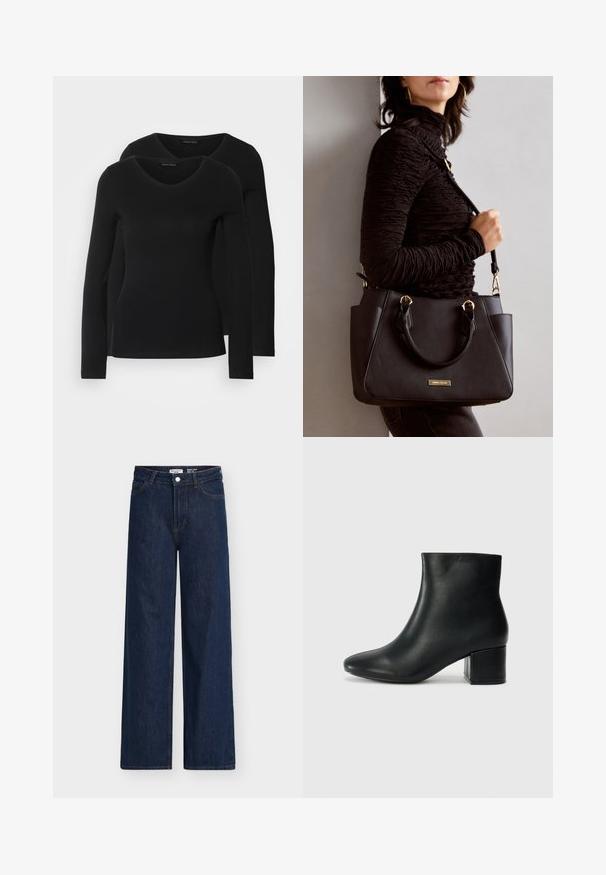 Two black long-sleeve shirts with a V-neck design, made of soft, stretchy fabric, showing smooth texture and a fitted shape.; Dark blue wide-leg jeans with a high waist, made of denim. Features front pockets, belt loops, and a button closure. Classic design.; Black leather ankle boots with a pointed toe and a chunky heel. Smooth texture with minimal accents and a sleek, fitted design.; Black handbag with textured surface, dual top handles, and adjustable shoulder strap. Features gold-tone hardware and side pockets.