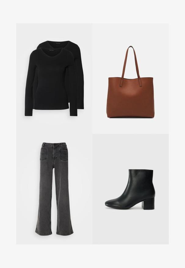 To svarte langermede skjorter med V-halsdesign, laget av mykt, elastisk stoff, viser jevn tekstur og en tettsittende fasong.; Høyt liv, vide ben svarte jeans laget av denim, med knappelukking, beltehemper og to baklommer med sømde detaljer.; Sorte skinn ankelsko med spiss tå og chunky hæl. Glatt tekstur med minimale detaljer og et elegant, tettsittende design.; Brun lær tote veske med en jevn tekstur, åpen toppdesign og to skulderstropper. Har minimal søm og ingen synlige spiker.