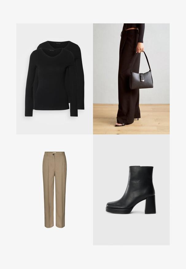 Deux chemises noires à manches longues avec un design en V, fabriquées en tissu doux et extensible, présentant une texture lisse et une silhouette ajustée.; Pantalons taillés beiges avec une coupe droite, dotés d'une fermeture à bouton simple et de plis avant sobres. Confectionnés dans un tissu lisse.; Bottine en cuir noir avec un talon bloc et une semelle plateforme, vue de côté sur un fond blanc uni.; Sac à main noir à la forme structurée, texture lisse et fermoir métallique. Associé à un pantalon noir ample et des sandales ouvertes sur un sol en bois.