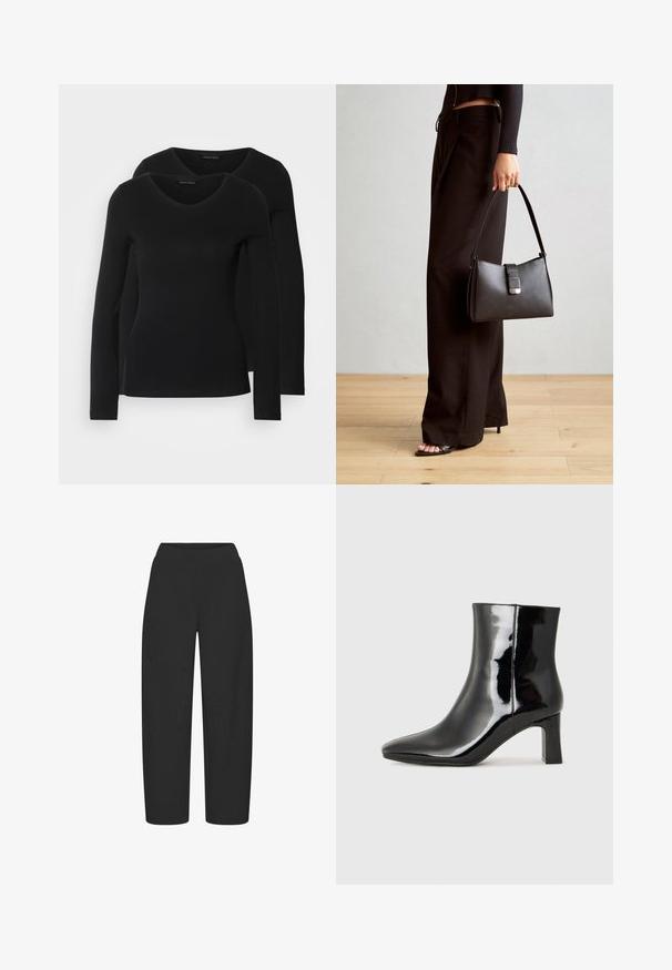 Two black long-sleeve shirts with a V-neck design, made of soft, stretchy fabric, showing smooth texture and a fitted shape.; Black wide-leg pants made from a smooth, stretchable fabric, featuring a high waistband and no visible hardware or patterns.; Black patent leather ankle boot with a pointed toe and a mid-height block heel. Smooth texture and minimalist design.; Black handbag with structured shape, smooth texture, and a metallic clasp. Paired with wide black pants and open-toe sandals on wooden floor.