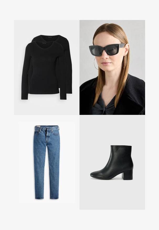 Två svarta långärmade tröjor med V-ringning, tillverkade av mjukt, stretchy tyg, som visar en slät textur och en figursydd form.; Ljusblå denimjeans med rak passform, fem fickor och standard knapp-gylf-stängning. Har orange sömmar och en något blekt textur.; Svarta läderankelstövlar med spetsig tå och kraftig klack. Slät textur med minimala accenter och en stilren, åtsittande design.; Svarta katterformade solglasögon med mörka linser, tjocka bågar och subtila detaljer. Bärs tillsammans med en svart kappa och en grå topp, med långt rakt hår.