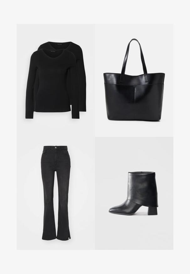 Dva crna majice dugih rukava s V-izrezom, izrađene od mekanog, rastezljivog materijala, s glatkom teksturom i prilagođenim oblikom.; Crne traperice visokog struka sa proširenim nogavicama, strukirane, napravljene od denima, s prednjim zatvaranjem na gumbe i prorezom na rubu.; Crna kožna čizme do gležnja sa šiljastim prstom, glatke teksture i strukturiranim blok petom. Ima visoki, preklopljeni dizajn manžetne.; Crna kožna torba s dugim ručkama, glatkom teksturom i strukturiranim oblikom. Ima prednju džep za dodatno pohranu.