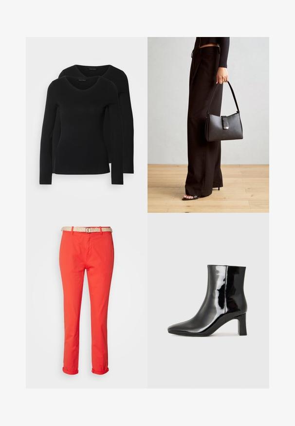 Δύο μαύρα πουκάμισα με μακριά μανίκια και σχέδιο V-λαιμό, φτιαγμένα από μαλακό και ελαστικό ύφασμα, εμφανίζοντας λεία υφή και εφαρμοστή γραμμή.; Esprit MIT GÜRTEL - Chinos - red; Μαύρη πατενταρισμένη δερμάτινη μπότες αστραγάλου με μυτερή μύτη και μεσαίο τετράγωνο τακούνι. Λείος υφή και μινιμαλιστικός σχεδιασμός.; Μαύρη τσάντα χειρός με δομημένο σχήμα, λεία υφή και μεταλλικό κούμπωμα. Συνδυασμένη με φαρδιά μαύρα παντελόνια και σανδάλια ανοιχτής μύτης πάνω σε ξύλινο πάτωμα.