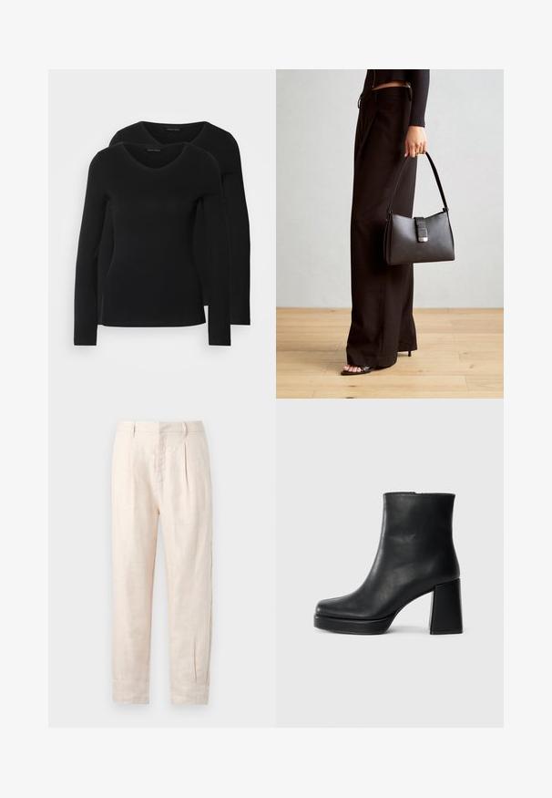 Deux chemises noires à manches longues avec un design en V, fabriquées en tissu doux et extensible, présentant une texture lisse et une silhouette ajustée.; Pantalons en lin beige clair avec une coupe droite, dotés de deux plis à l'avant, de poches latérales et d'une surface légèrement texturée.; Bottine en cuir noir avec un talon bloc et une semelle plateforme, vue de côté sur un fond blanc uni.; Sac à main noir à la forme structurée, texture lisse et fermoir métallique. Associé à un pantalon noir ample et des sandales ouvertes sur un sol en bois.