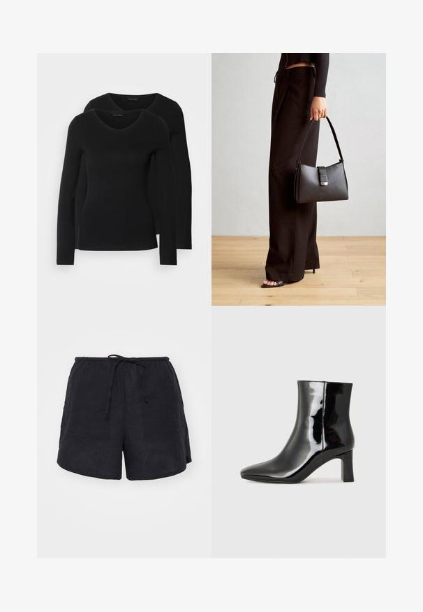 Divi melni krekli ar garām piedurknēm un V-veida kakla izgriezumu, izgatavoti no mīksta, elastīga auduma, ar gludu tekstūru un pieguļošu formas.; Gina Tricot RELAXED BLEND - Šorti - black; Melnas patentētas ādas potīšu zābaki ar norādītu pirkstu un vidēja augstuma kvadrātveida papēdi. Gluda tekstūra un minimālisma dizains.; Melnā somiņa ar strukturētu formu, gludu tekstūru un metālu sprādzi. Saskaņota ar platām melnām biksēm un sandālēm ar atvērtu purngalu uz koka grīdas.