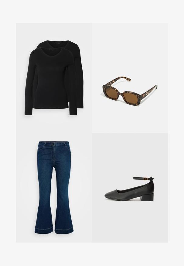Două cămăși negre cu mâneci lungi și decolteu în V, fabricate dintr-un material moale și elastic, cu o textură netedă și o formă ajustată.; Jeans evazați de culoare albastră închisă, din denim, având cinci buzunare, închidere cu nasture și cusături contrastante la tiv.; Pantof cu toc negru din piele, cu vârf ascuțit și toc mic pătrat. Dispune de o curea la gleznă cu o cataramă în tonuri de aur. Textură netedă.; Ochelari de soare cu chelă de broască țestoasă, având un cadru rotund și voluminos, cu lentile maro. Prezintă modele subtile și brațe drepte, conice.