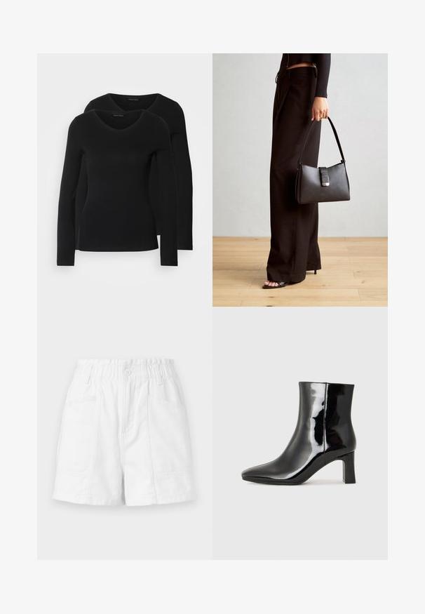 Dve črne majice z dolgimi rokavi in V-izrezom, narejene iz mehkega in raztegljivega materiala, ki prikazuje gladko teksturo in prilegnjeno obliko.; Beli bombažni šort na elastično zapenjanje, z sprednjim gumbom, dvema stranskima žepoma in čistim, preprostim dizajnom.; Črne lakirane gležnjarje z ošiljenim nosom in srednje visokim blokastim peto. Gladka tekstura in minimalističen dizajn.; Črna torbica z strukturirano obliko, gladko teksturo in kovinskim zaponko. Ujemajo se z širokimi črnimi hlačami in odprtimi sandali na lesenem tleh.