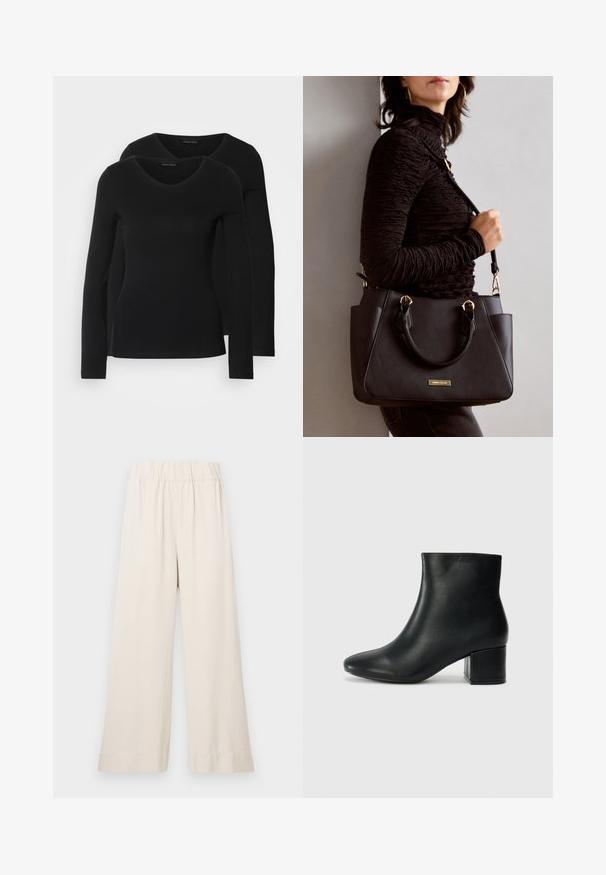 Two black long-sleeve shirts with a V-neck design, made of soft, stretchy fabric, showing smooth texture and a fitted shape.; Wide-leg pants in a light beige color, made of soft fabric with an elastic waistband and no visible fasteners or pockets.; Black leather ankle boots with a pointed toe and a chunky heel. Smooth texture with minimal accents and a sleek, fitted design.; Black handbag with textured surface, dual top handles, and adjustable shoulder strap. Features gold-tone hardware and side pockets.