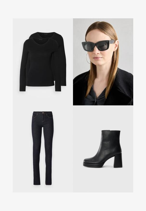 Duas camisetas pretas de manga longa com design em V, feitas de um tecido macio e elástico, apresentando uma textura suave e um formato ajustado.; Jeans de denim azul escuro com um corte slim, apresentando uma cintura alta, cinco bolsos e detalhes em pesponto laranja ao longo das costuras.; Bota de couro preta até ao tornozelo com salto bloco e sola com plataforma, vista de lado sobre um fundo branco liso.; Óculos de sol pretos em formato de gato com lentes escuras, armações grossas e acentos subtis. Usados com um casaco preto e uma blusa cinza, apresentando cabelo longo e liso.