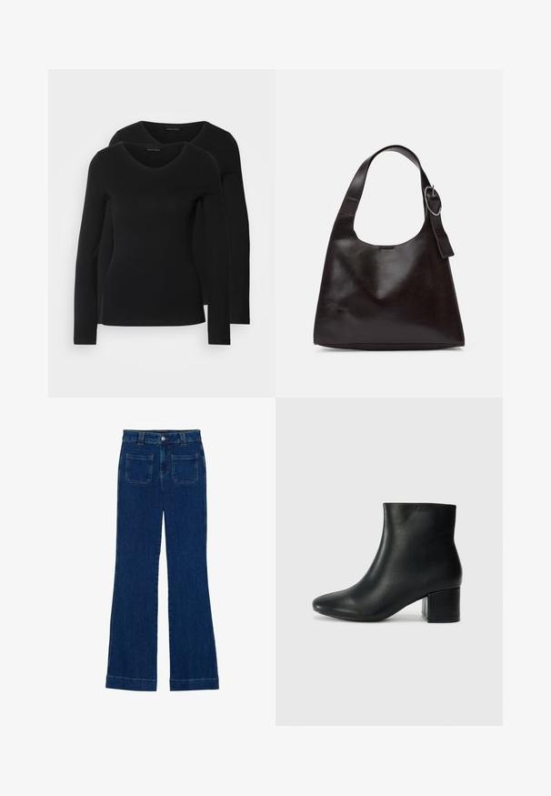 Divi melni krekli ar garām piedurknēm un V-veida kakla izgriezumu, izgatavoti no mīksta, elastīga auduma, ar gludu tekstūru un pieguļošu formas.; Tumši zili džinsi ar izplestām kājām, gluda tekstūra, piecu kabatu dizains un pogu aizdare jostas vietā.; Melna ādas potīšu zābaki ar smailu purngalu un masīlu papēdi. Gluda tekstūra ar minimāliem akcentiem un gludu, pieguļošu dizainu.; Brūns ādas plecu soma ar gludu tekstūru, noapaļu formu, platu jostu un apaļu metāla akcentu uz roktura.