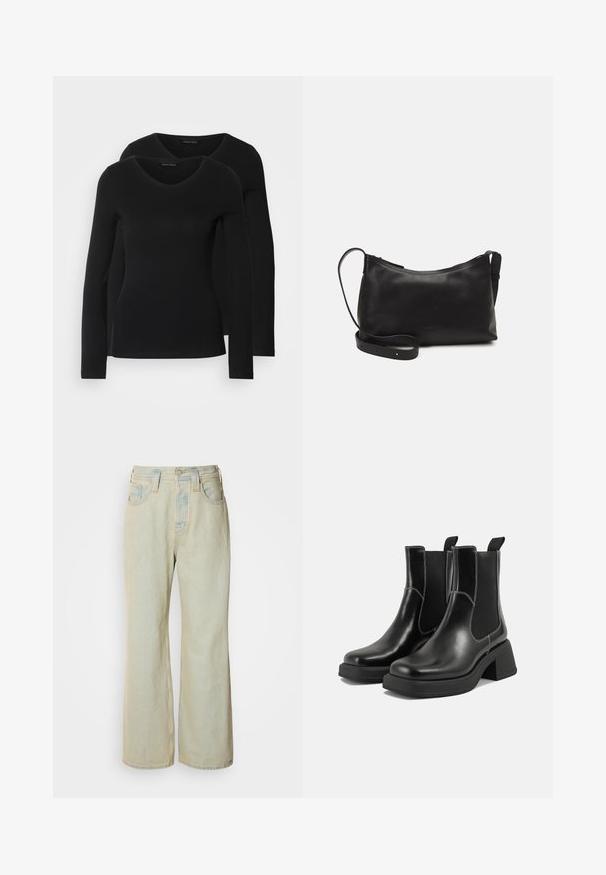 Kaks musta pika varrukaga särk, millel on V-kaelus ja mis on valmistatud pehmest ja venivast kangast, millel on sile tekstuur ja sobiv kuju.; Heledad sinine laiad teksad, mis on valmistatud denimist, kõrge vöökoht, viis taskut ja kerge kulumine koos kontrastsetest õmblustest rõhutustega.; Must musta Chelsea saapad, millel on paks konts, elastsed külgpaneelid ja kontrastne valge õmblus. Tekstuuriga viimistlus.; Mustmust nahk õlakotil on sile tekstuur, kumer kuju, reguleeritav rihm ja lukuga sulgemine. Minimalistlik disain ilma kaunistusteta.