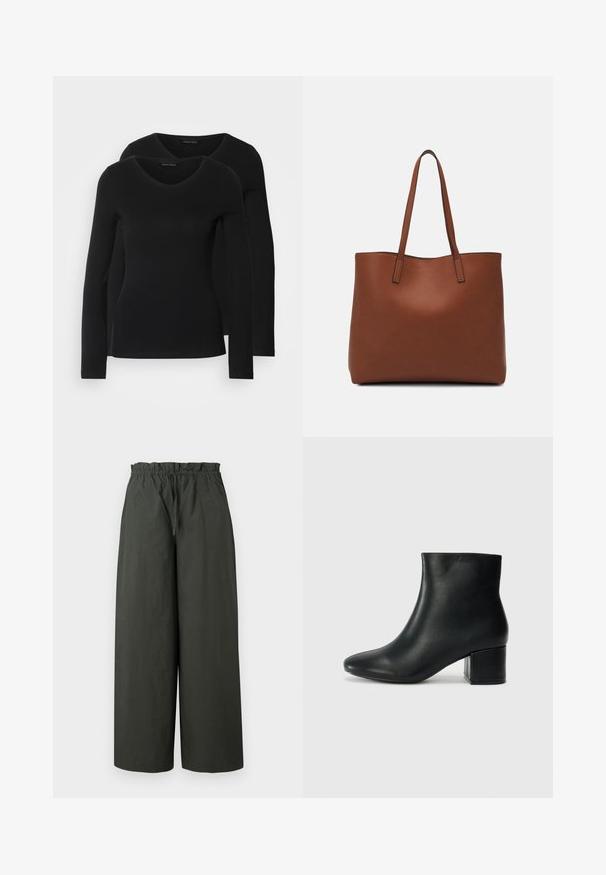 Two black long-sleeve shirts with a V-neck design, made of soft, stretchy fabric, showing smooth texture and a fitted shape.; Wide-leg trousers in dark green fabric, featuring an elastic waistband and smooth texture, without visible hardware or patterns.; Black leather ankle boots with a pointed toe and a chunky heel. Smooth texture with minimal accents and a sleek, fitted design.; Brown leather tote bag with a smooth texture, open top design, and two shoulder straps. Features minimal stitching and no visible hardware.
