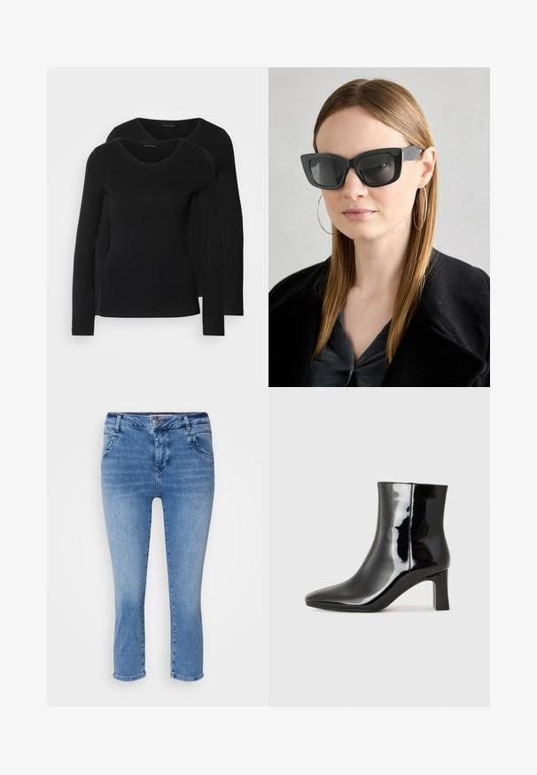 Dva crna majice dugih rukava s V-izrezom, izrađene od mekanog, rastezljivog materijala, s glatkom teksturom i prilagođenim oblikom.; Svijetloplave traperice s uskim krojem, srednjim strukom i skraćenom duljinom. Ima četiri džepa i zatvaranje na gumb.; Crne lakirane kožne gležnjače s šiljastim prstom i srednje visokom blok petom. Glatka tekstura i minimalistički dizajn.; Crne mačje naočale s tamnim staklima, debelim okvirima i suptilnim detaljima. Nosit će se s crnim kaputom i sivoj majici, s dugom ravnom kosom.