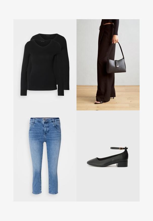 Dva crna majice dugih rukava s V-izrezom, izrađene od mekanog, rastezljivog materijala, s glatkom teksturom i prilagođenim oblikom.; Svijetloplave traperice s uskim krojem, srednjim strukom i skraćenom duljinom. Ima četiri džepa i zatvaranje na gumb.; Crne kožne pumpe s oštrim vrhom i niskom blok petom. Sadrže remen oko gležnja s zlatnim kopčanjem. Glatka tekstura.; Crna torba s oblikom koji sadrži strukturu, glađu teksturu i metalnu kopču. Uparena s širokim crnim hlačama i sandalama na otvorenom s drvenog poda.