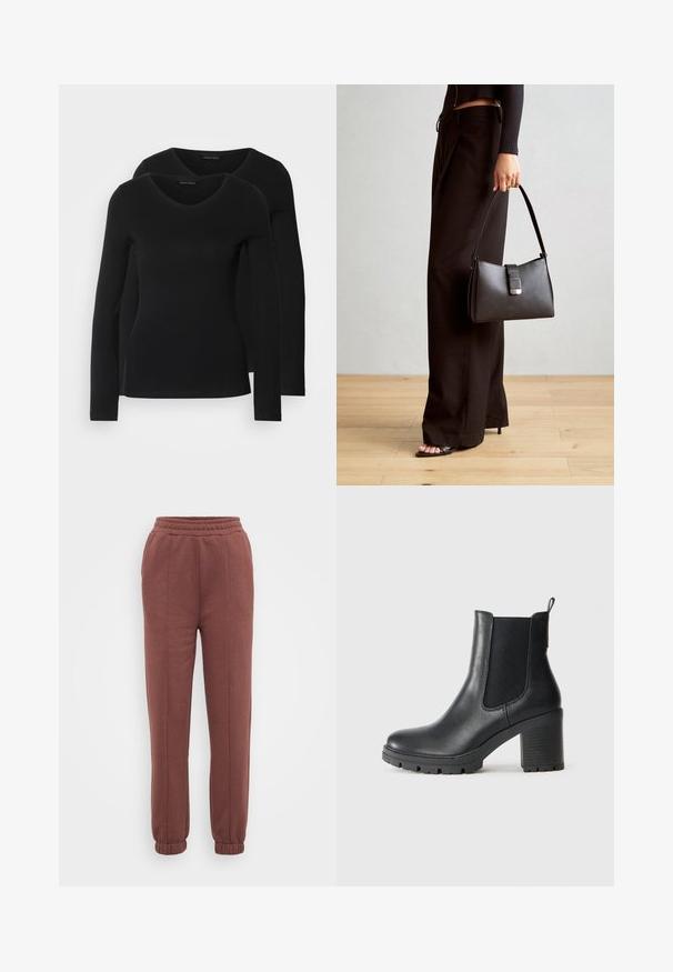Dvoje čiernych košieľ s dlhým rukávom a výstrihom do V, vyrobených z mäkkej a elastickej látky, s jemnou textúrou a priliehavým strihom.; Hnedé jogger nohavice s elastickým pásom, rebrovanými manžetami, hladkou textúrou a predným švom. Vhodné na voľný čas.; Čierna kožená kotníková obuv s elastickými bočnými panelmi, robustná guma podrážka a vysoký blokový podpätok. Obsahuje pútko na zadnej strane.; Čierna kabelka so štruktúrovaným tvarom, hladkou textúrou a kovovou sponou. V kombinácii so širokými čiernymi nohavicami a sandálmi s otvorenou špičkou na drevenej podlahe.