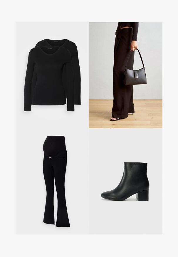 Due camicie a maniche lunghe nere con design a V, realizzate in tessuto morbido e elasticizzato, che mostrano una superficie liscia e una forma aderente.; Jeans premaman neri con design a gamba svasata, tessuto morbido, vita alta per supporto e chiusura frontale con bottone.; Stivali neri in pelle fino alla caviglia con punta appuntita e tacco spesso. Texture liscia con minimi dettagli e un design elegante e aderente.; Borsa nera con forma strutturata, texture liscia e una chiusura metallica. Abbinata a pantaloni neri larghi e sandali open-toe su un pavimento in legno.