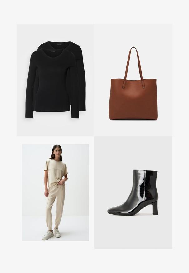 Twee zwarte longsleeve shirts met een V-hals ontwerp, gemaakt van zachte, rekbare stof, die een gladde textuur en een getailleerde vorm laten zien.; Beige loungewear set met een korte mouwen top met een naaddetail en relaxfit broek met een elastische tailleband en taps toelopende manchetten.; Zwarte gepolijste leren enkellaars met een spitse neus en een blokhak van gemiddelde hoogte. Glad textuur en minimalistisch ontwerp.; Bruine leren tote bag met een gladde textuur, een ontwerp met een open bovenkant en twee schouderbanden. Kenmerkt zich door minimale stiksels en geen zichtbare hardware.