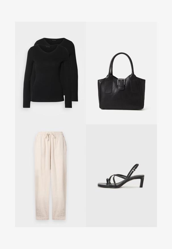 Kaksi mustaa pitkähihaista paitaa V-aukkolla, valmistettu pehmeästä ja joustavasta kankaasta, joka osoittaa sileää tekstuuria ja istuvaa muotoa.; Beige-lininen housut, joissa on joustava vyötärö ja naru. Ominaisuuksiin kuuluu kaksi sivutaskua ja rento istuvuus suorilla lahkeilla.; Mustat hihnalligat, joissa on neliön muotoinen kärki ja matala lohkokorko. Ominaisuuksiin kuuluu useita ohuita hihnoja ja säädettävä nilkkahihna. Valmistettu sileästä nahasta.; Musta nahkainen olkalaukku, jossa on sileä pinta, ryhdikäs muoto, kaksi kahvaa ja silmienpistävä hopeinen solkiyksityiskohta edessä.