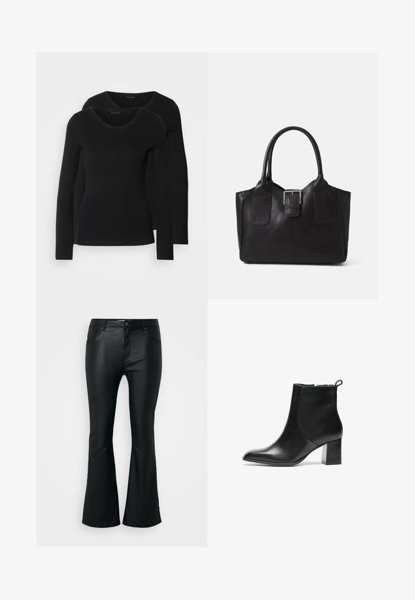 To svarte langermede skjorter med V-halsdesign, laget av mykt, elastisk stoff, viser jevn tekstur og en tettsittende fasong.; Sorte, utsvingte bukser laget av et glatt, glanset materiale. Har fem lommer, beltehemper, og en glidelås med knappelukking.; Svarte skinn ankelstøvler med rund tå, middels høy blokkhæl og en trekkflik bak. Glatt tekstur, minimalistisk design.; Svart skinn toteveske med jevn tekstur, strukturert form, to håndtak og en fremtredende sølvspenne foran.