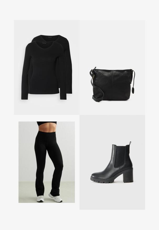 Due camicie a maniche lunghe nere con design a V, realizzate in tessuto morbido e elasticizzato, che mostrano una superficie liscia e una forma aderente.; Leggings neri aderenti con una vita alta, realizzati in materiale elastico. Hanno una texture liscia e una design a piedi svasati. Abbinati a sneaker bianche.; Stivaletto in pelle nera con pannelli laterali elastici, suola in gomma spessa e tacco alto a blocco. Presenta un manico sul retro.; Borsa a tracolla in pelle nera con forma piatta, dettagli in metallo dorato e tracolla regolabile. Texture liscia con dettagli di cucitura minimi.