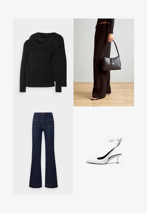 Dvě černé dlouhé rukávy trička s výstřihem do V, vyrobené z měkkého, elastického materiálu, s hladkou texturou a přiléhavým střihem.; Tmavě modré zvonové džíny s upraveným střihem, vysokým pasem a kontrastním oranžovým prošíváním. Zahrnují dvě přední a dvě zadní kapsy.; Bílé lodičky s špičatou špičkou a s otevřenou patou, opatřené tenkým páskem kolem kotníku. Hladký kožený materiál, tenký jehlový podpatek a černé vnitřní podšívka.; Černá kabelka se strukturovaným tvarem, hladkým povrchem a kovovým uzávěrem. Kombinována s širokými černými kalhotami a sandály s otevřenou špičkou na dřevěné podlaze.