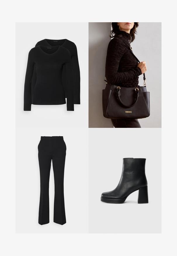 Dvoje čiernych košieľ s dlhým rukávom a výstrihom do V, vyrobených z mäkkej a elastickej látky, s jemnou textúrou a priliehavým strihom.; Čierne rozšírené nohavice vyrobené z hladkej tkaniny, s mid-rise pásom, pútkami na opasok a čistou, prispôsobenou siluetou.; Čierne kožené členkové topánky s blokovým podpätkom a platformovou podrážkou, zobrazené z boku na bielom pozadí.; Čierna kabelka s textúrovaným povrchom, dvojitými hornými rúčkami a nastaviteľným ramenným popruhom. Obsahuje zlaté kovanie a bočné vrecká.