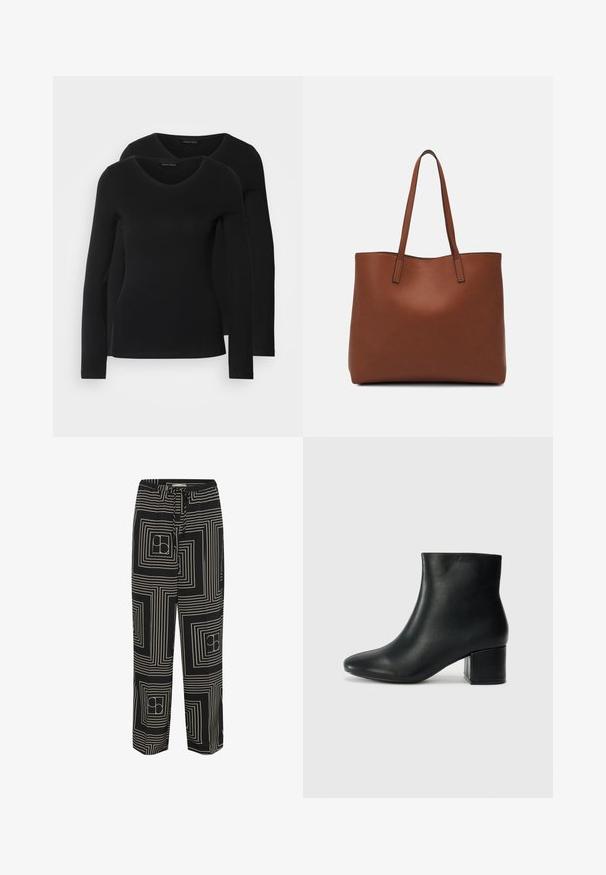 Divi melni krekli ar garām piedurknēm un V-veida kakla izgriezumu, izgatavoti no mīksta, elastīga auduma, ar gludu tekstūru un pieguļošu formas.; Melni bikses ar ģeometrisku rakstu no baltām līnijām un kvadrātiem, ar savelkamu jostu un plašām kājām.; Melna ādas potīšu zābaki ar smailu purngalu un masīlu papēdi. Gluda tekstūra ar minimāliem akcentiem un gludu, pieguļošu dizainu.; Brūna ādas iepirkumu soma ar gludu tekstūru, atvērta augšdaļa un divas plecu siksnas. Izceļas ar minimālām šuvēm un redzamu aparatūru nav.