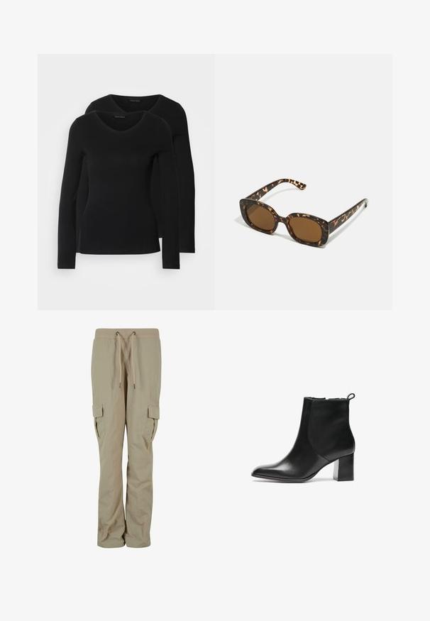 Két fekete, hosszú ujjú póló V nyakkal, puha, rugalmas anyagból, sima textúrával és testhezálló fazonnal.; Beige cargo nadrág, könnyű anyagból készült, húzózsinórral ellátott derékkal, oldalsó zsebekkel és kényelmes, laza szabással.; Fekete bőr bokacsizma kerek orral, közepes magasságú blokk sarkával és hátsó húzófüllel. Sima felület, minimalista kialakítás.; Teknősbéka mintázatú napszemüveg kerek, vastag kerettel és barna lencsékkel. Finom mintázattal és egyenes, keskenyedő szárakkal rendelkezik.; Fekete bőr keresztpántos táska lapos formával, arany fémrészekkel és állítható pánttal. Simább textúra minimális varrási részletekkel.