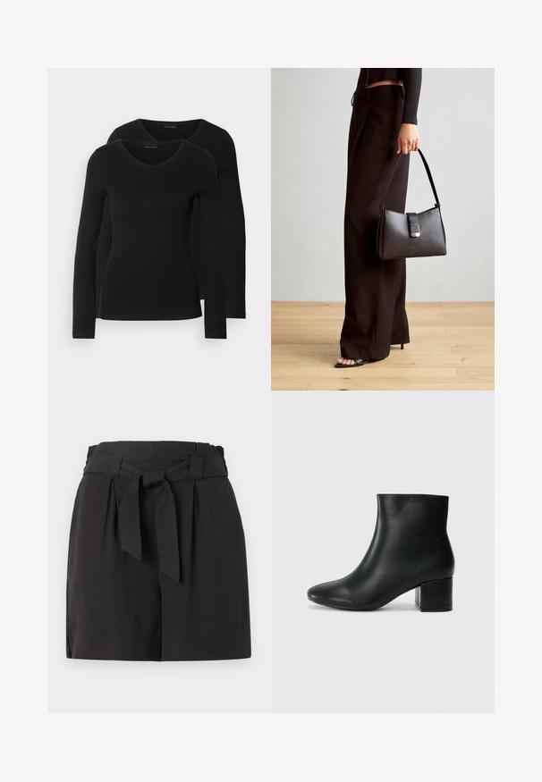 To svarte langermede skjorter med V-halsdesign, laget av mykt, elastisk stoff, viser jevn tekstur og en tettsittende fasong.; Sorte shorts med en brettet linning og en knyting. Laget av et glattere stoff med en skreddersydd kutt og sidelufte for ekstra komfort.; Sorte skinn ankelsko med spiss tå og chunky hæl. Glatt tekstur med minimale detaljer og et elegant, tettsittende design.; Svart håndveske med strukturert form, jevn tekstur og metallisk lås. Kombinert med brede svarte bukser og sandaler med åpen tå på tregulv.