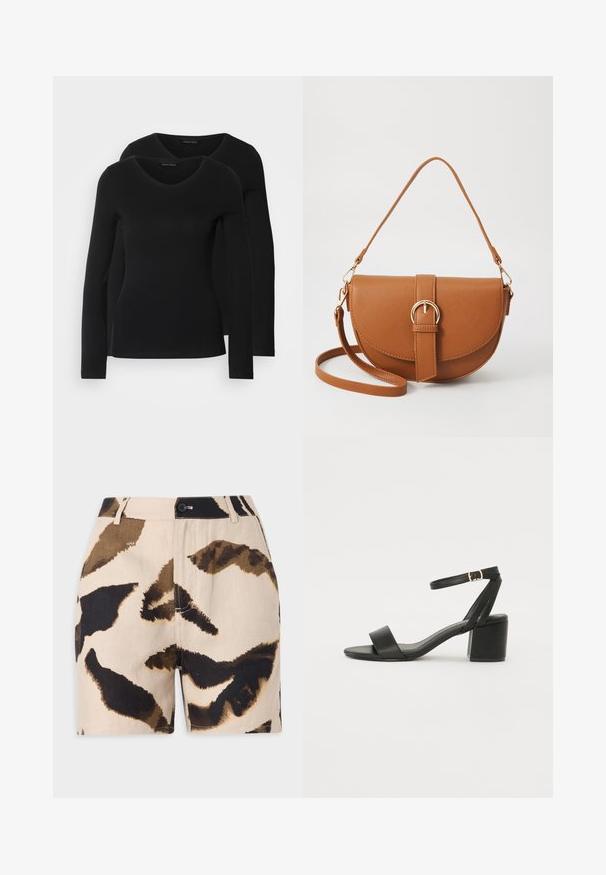Two black long-sleeve shirts with a V-neck design, made of soft, stretchy fabric, showing smooth texture and a fitted shape.; Beige shorts with brown and black abstract animal print, featuring a button closure, belt loops, and a textured fabric.; Black heeled sandal featuring a smooth leather upper, an open toe, wide front straps, and adjustable ankle strap with a gold buckle detail.; Brown leather crossbody bag with a curved shape, gold hardware, and a buckle accent. Features a detachable shoulder strap.
