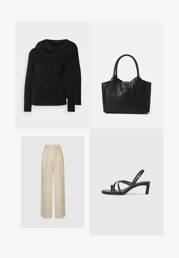 Due camicie a maniche lunghe nere con design a V, realizzate in tessuto morbido e elasticizzato, che mostrano una superficie liscia e una forma aderente.; ANDIATA GYTTA - Pantaloni - champagne; Sandalo nero con cinturini, dalla punta squadrata e tacco basso a blocco. Presenta diversi cinturini sottili e una cinturini regolabile alla caviglia. Realizzato in pelle liscia.; Borsa tote in pelle nera con texture liscia, forma strutturata, due manici e un evidente dettaglio in fibbia argentata sul davanti.