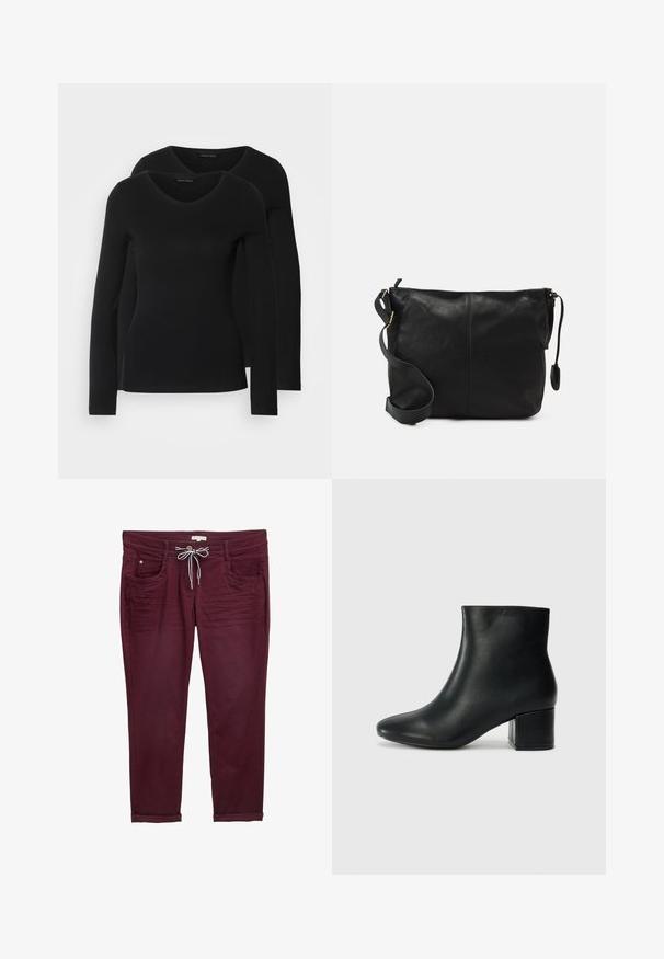 To sorte langærmede t-shirts med V-hals-design, lavet af blødt, strækbart stof, som viser en glat tekstur og en tætsiddende pasform.; Bordeaux bukser med snoreliv, forlommer og oprullede ben. Lavet af blødt stof med en glat tekstur og diskrete sømdetaljer.; Sorte læder ankelstøvler med spids tå og en kraftig hæl. Glat tekstur med minimale detaljer og et slankt, tætsiddende design.; Sort læder crossbody taske med flad form, guld hardware detaljer og justerbar skulderrem. Glat tekstur med minimale syninger.