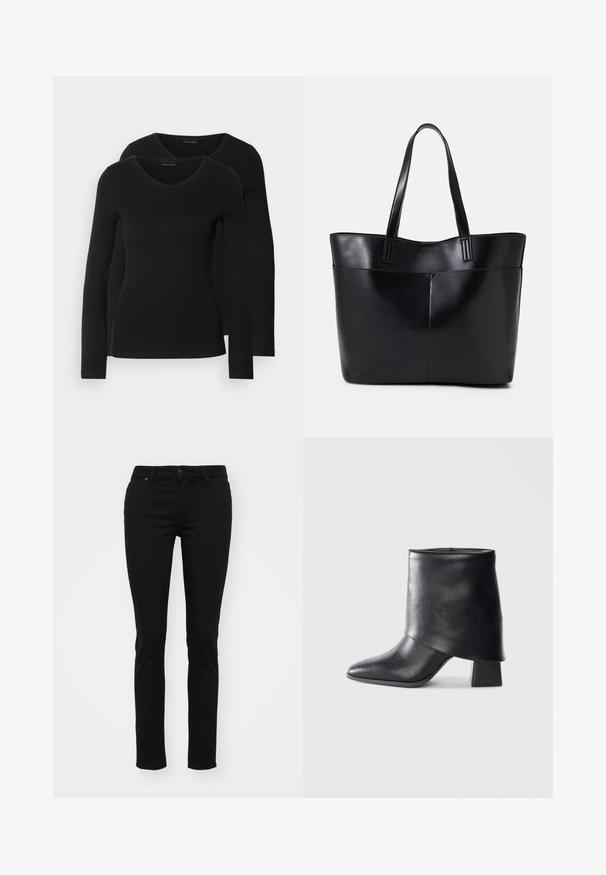 Dva crna majice dugih rukava s V-izrezom, izrađene od mekanog, rastezljivog materijala, s glatkom teksturom i prilagođenim oblikom.; Crne uske traperice od denima glatke teksture, s pet džepova, petljama za remen, zatvaranjem na dugme i bez vidljivih uzoraka ili ukrasa.; Crna kožna čizme do gležnja sa šiljastim prstom, glatke teksture i strukturiranim blok petom. Ima visoki, preklopljeni dizajn manžetne.; Crna kožna torba s dugim ručkama, glatkom teksturom i strukturiranim oblikom. Ima prednju džep za dodatno pohranu.
