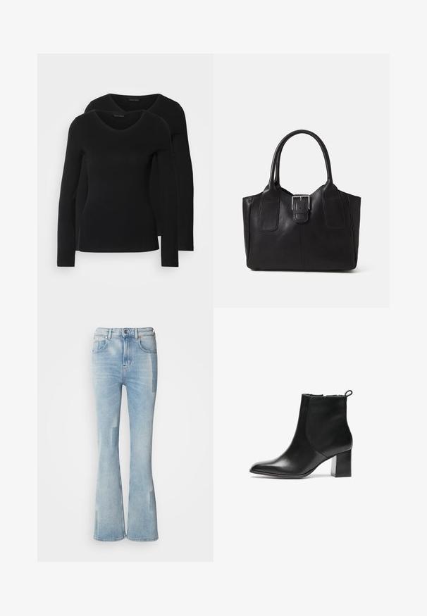 Deux chemises noires à manches longues avec un design en V, fabriquées en tissu doux et extensible, présentant une texture lisse et une silhouette ajustée.; Scotch & Soda THE GLOW - Jean bootcut - art from the heart; Bottes noires en cuir à hauteur de cheville avec un bout arrondi, un talon bloc de hauteur moyenne et une languette à l'arrière. Texture lisse, design minimal.; Sac fourre-tout en cuir noir avec une texture lisse, une forme structurée, deux poignées et un détail en boucle argentée proéminent à l'avant.