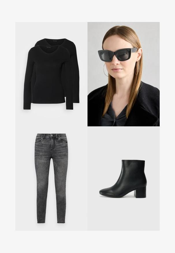 Divi melni krekli ar garām piedurknēm un V-veida kakla izgriezumu, izgatavoti no mīksta, elastīga auduma, ar gludu tekstūru un pieguļošu formas.; Melnas šaurās džinsi, izgatavoti no denima, ar izbalējušu apdari, tradicionālu piecu kabatu dizainu un saplēstiem maliņiem potītēs.; Melna ādas potīšu zābaki ar smailu purngalu un masīlu papēdi. Gluda tekstūra ar minimāliem akcentiem un gludu, pieguļošu dizainu.; Melna kaķa acs saulesbrilles ar tumšiem objektīviem, bieziem rāmjiem un smalkiem akcentiem. Valkātas ar melnu mēteļi un pelēku augšu, ar garām taisnām matiem.
