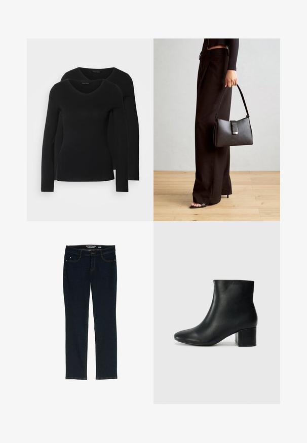 Două cămăși negre cu mâneci lungi și decolteu în V, fabricate dintr-un material moale și elastic, cu o textură netedă și o formă ajustată.; Jeans negre închis, drept, fabricate din denim. Prezintă cinci buzunare, cusături contrastante portocalii și o etichetă pe talie cu numele brandului.; Cizme negre din piele până la gleznă, cu vârf ascuțit și toc robust. Textură netedă, cu accente minime și un design elegant, ajustat.; Genți negre cu o formă structurată, textură netedă și un închizător metalic. Asortată cu pantaloni negri largi și sandale cu vârf deschis pe un podea din lemn.