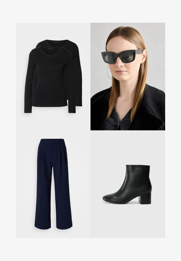 Dos camisetas negras de manga larga con diseño de escote en V, confeccionadas en una tela suave y elástica, que muestran una textura lisa y una forma ajustada.; Pantalones de pierna ancha en azul marino oscuro, con pliegues en el frente, tela suave y una cinturilla clásica. Sin bolsillos visibles ni detalles.; Botas de cuero negras hasta el tobillo con una punta afilada y un tacón grueso. Textura lisa con acentos mínimos y un diseño elegante y ajustado.; Gafas de sol de gato negro con lentes oscuros, montura gruesa y acentos sutiles. Llevadas con un abrigo negro y una blusa gris, presentando cabello largo y liso.